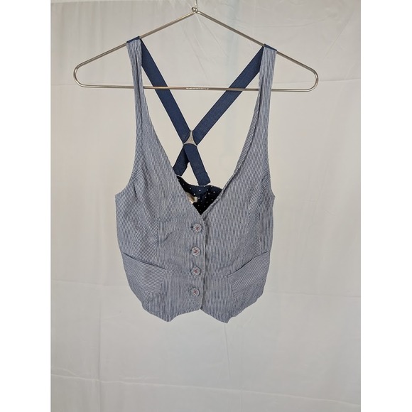 Maurices Jackets & Blazers - Maurices Blue Pinstripe Cropped Vest Small Crisscross Back Polka Dot Lining